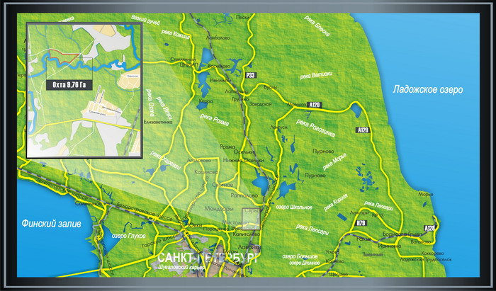 Location of the land site on the Okhta river, near Okhta Park;